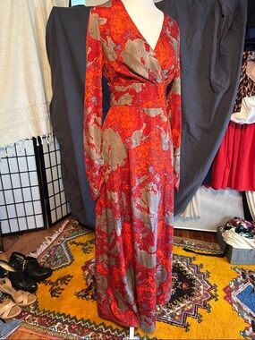 Walter Baker Red and Taupe Floral Wrap Maxi Dress